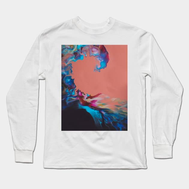 Navy and Peach (acrylic Dutch pour) Long Sleeve T-Shirt by ayemfid